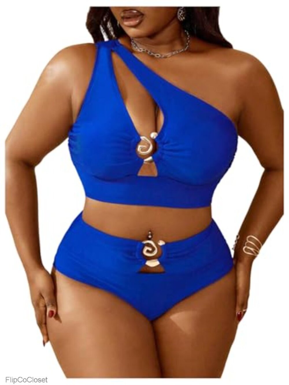 Plus Size One Shoulder Ring Cut Out High Waist Two Piece Bikini Swimsuit